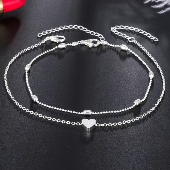 Floating Heart Silver Toned Dainty Anklet Set - Picture 2 of 4